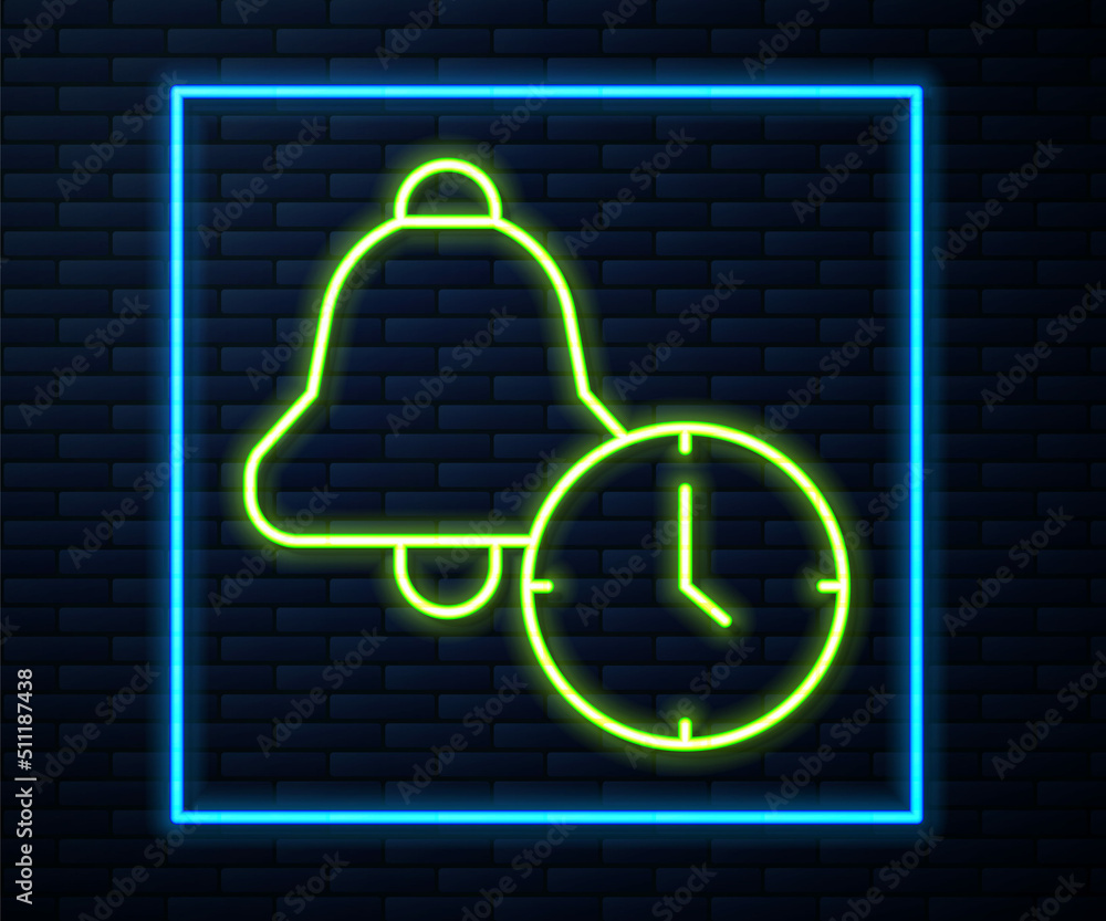 Glowing neon line Alarm clock icon isolated on brick wall background. Wake up, get up concept. Time sign. Vector Glowing neon line Alarm clock icon isolated on brick wall background. Wake up, get up concept. Time sign. Vector