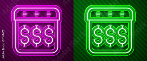 Glowing neon line Payday, calendar with dollar icon isolated on purple and green background. Vector