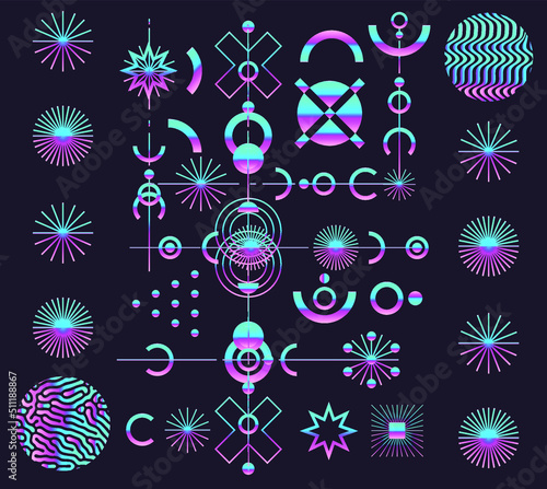 Mysterious holographic alchemical symbols on dark background. Sacred geometry and spiritual art.