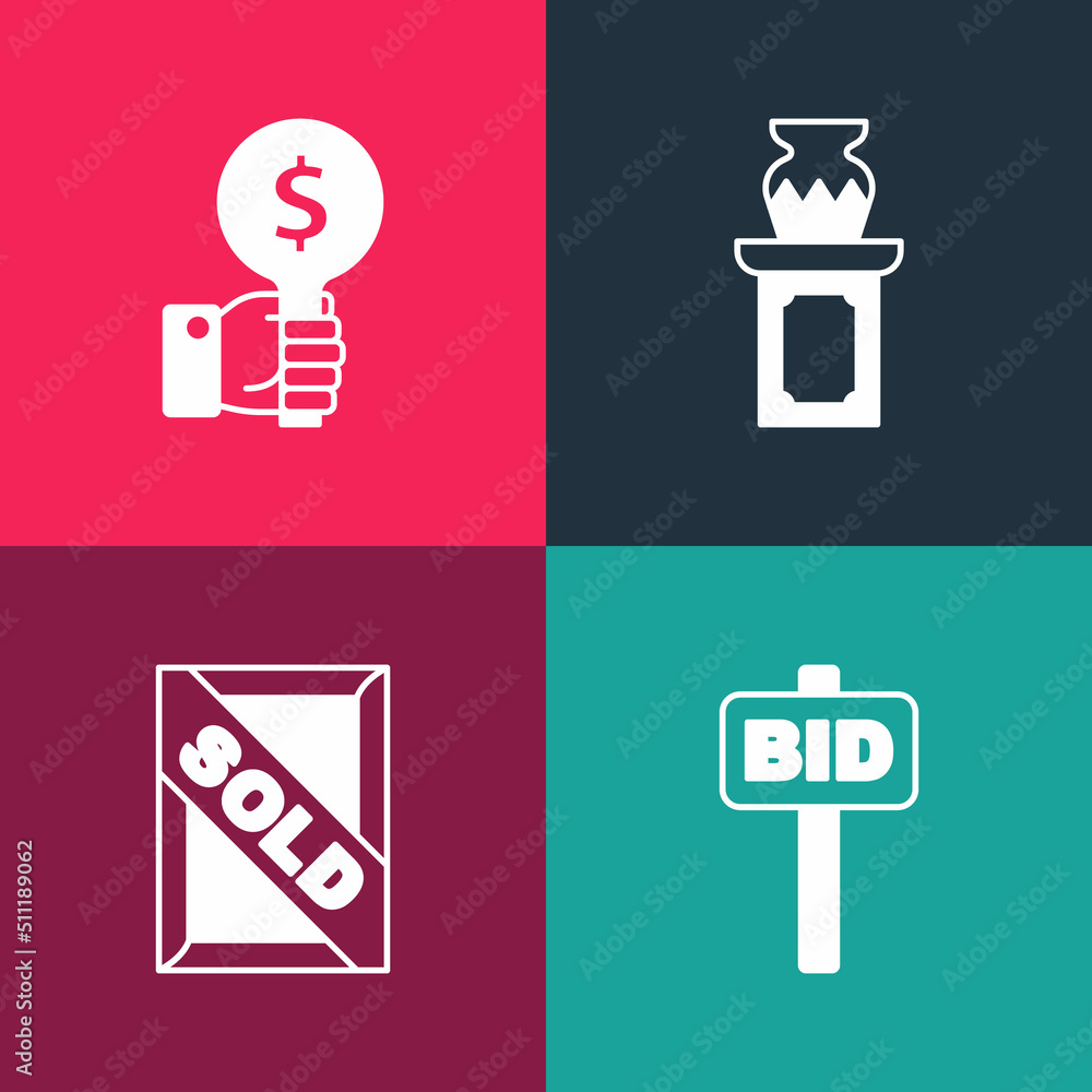 Set pop art Hand holding auction paddle, Auction painting sold, ancient vase and icon. Vector