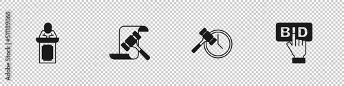 Set Auction auctioneer sells, hammer, and Bid icon. Vector