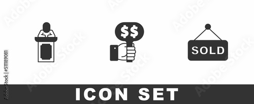 Set Auction auctioneer sells, Hand holding paddle and sold icon. Vector