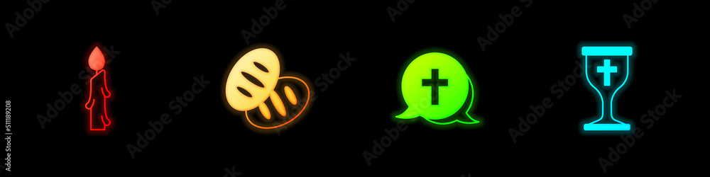Fototapeta premium Set Burning candle, Christian bread, cross and chalice icon. Vector