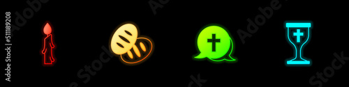 Set Burning candle, Christian bread, cross and chalice icon. Vector