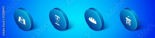 Set Isometric Pope hat, Christian bread, Church sermon tribune and chalice icon. Vector