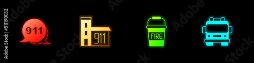 Set Emergency call 911, Building of fire station, Fire bucket and truck icon. Vector