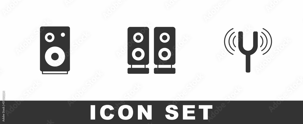 Set Stereo speaker, and Musical tuning fork icon. Vector Set Stereo speaker, and Musical tuning fork icon. Vector