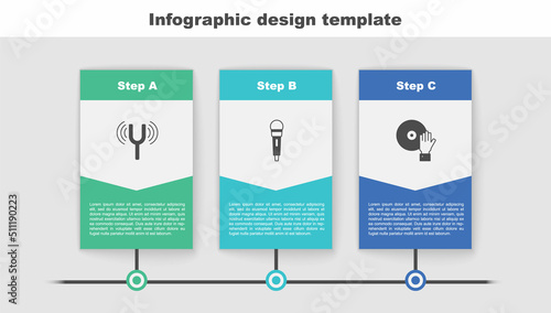 Set Musical tuning fork, Microphone and DJ playing music. Business infographic template. Vector