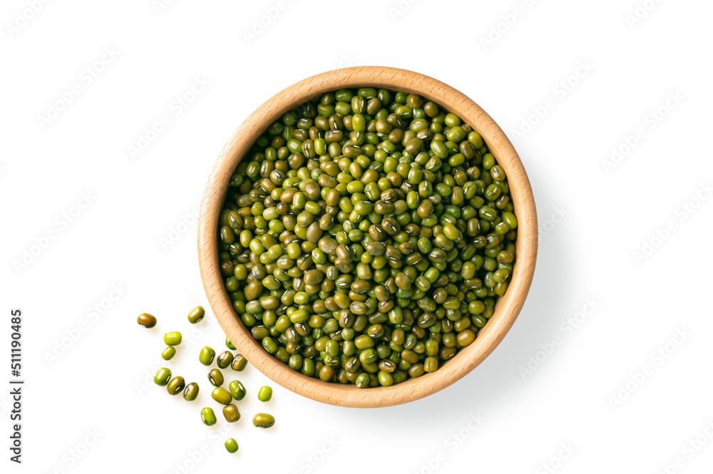 Mung beans in a bowl isolated on white background. top view Mung beans in a bowl isolated on white background. top view