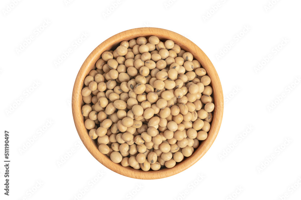 Soybeans in wooden bowl on white background. Top view Soybeans in wooden bowl on white background. Top view