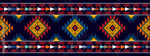 Ikat abstract geometric ethnic seamless pattern design. Tribal boho native textile turkey traditional embroidery vector. Aztec fabric carpet mandala ornaments textile decorations wallpaper.