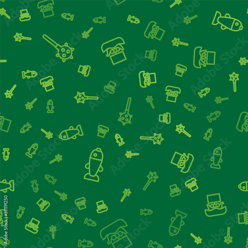 Set line Mace with spikes, Fish and Viking ship Drakkar on seamless pattern. Vector