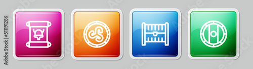 Set line Decree, parchment, scroll, Shield viking, Antique treasure chest and . Colorful square button. Vector