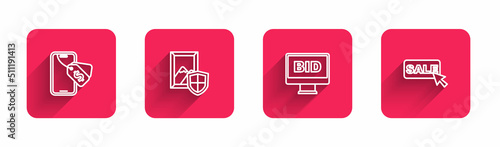 Set line Online auction, Auction painting, and Price tag with Sale with long shadow. Red square button. Vector