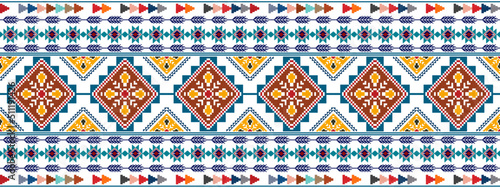 Ikat abstract geometric ethnic seamless pattern design. Tribal boho native textile turkey traditional embroidery vector. Aztec fabric carpet mandala ornaments textile decorations wallpaper.