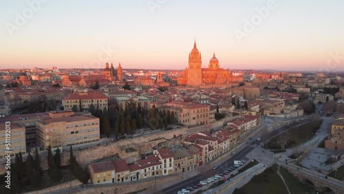 Romanesque architecture at the famous city of Salamanca in Spain under the afternoon orange sunlight. Aerial drone view. photo
