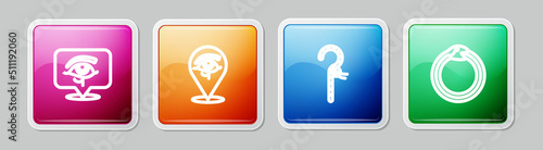 Set line Eye of Horus, Crook and Magic symbol Ouroboros. Colorful square button. Vector
