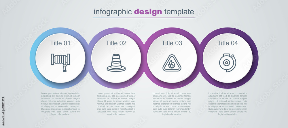 Set line Fire hose reel, Traffic cone, flame in triangle and Ringing alarm bell. Business infographic template. Vector Set line Fire hose reel, Traffic cone, flame in triangle and Ringing alarm bell. Business infographic template. Vector