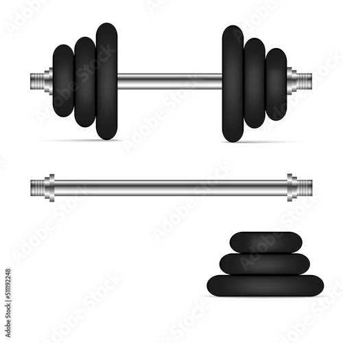 Realistic 3d gym barbells and parts. Vector