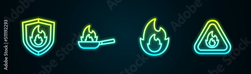 Set line Fire protection shield, Pan with fire, flame and in triangle. Glowing neon icon. Vector