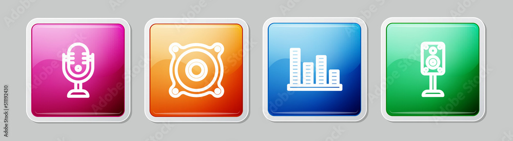 Set line Microphone, Stereo speaker, Music equalizer and . Colorful square button. Vector Set line Microphone, Stereo speaker, Music equalizer and . Colorful square button. Vector