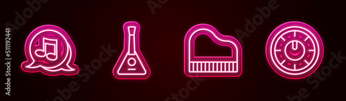 Set line Music note, tone, Balalaika, Grand piano and Sound mixer controller. Glowing neon icon. Vector