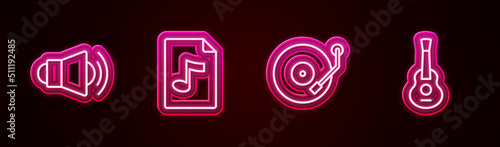 Set line Megaphone, MP3 file document, Vinyl player and Guitar. Glowing neon icon. Vector
