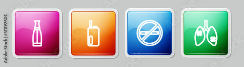 Set line Vape liquid bottle, Electronic cigarette, No smoking and Disease lungs. Colorful square button. Vector