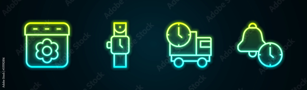 Set line Calendar spring, Wrist watch, Delivery truck and time and Alarm clock. Glowing neon icon. Vector Set line Calendar spring, Wrist watch, Delivery truck and time and Alarm clock. Glowing neon icon. Vector