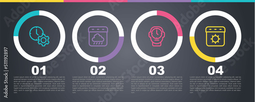 Set line Time management, Calendar autumn, Clock and summer. Business infographic template. Vector