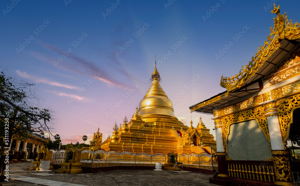 Sunset on Myanmar Buddhist temple in Mandalay. Travel concept.