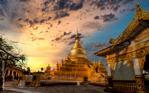 Sunset on Myanmar Buddhist temple in Mandalay. Travel concept.