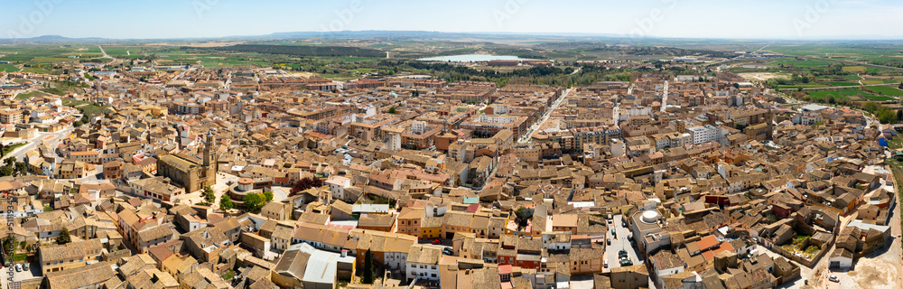 General aerial view of Spanish town of Ejea de los Caballeros in province of Zaragoza on sunny spring day..