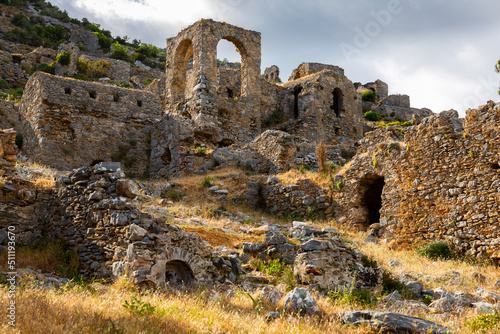 Remains of vaulted stone tombs in Necropolis of Anemurium. Cilicia, close to modern Turkish city of Anamur. photo