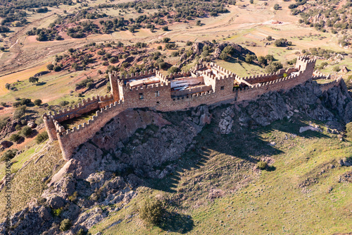 Ruins of Castle of Riba de Santiuste from above. Drone photo of medieval stronghold in Siguenza, Spain. photo