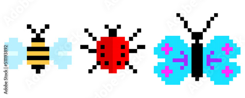 Pixel bugs in flat style. pixel bugs for game design. Vector illustration. Stock image.