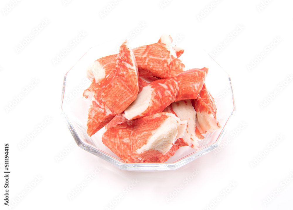 Imitation crab in glass bowl isolated on white background. Japanese food Imitation crab in glass bowl isolated on white background. Japanese food