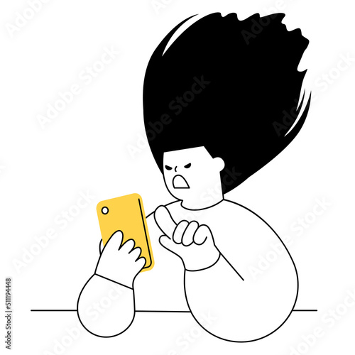 Vector illustration of an angry woman while operating a mobile phone.