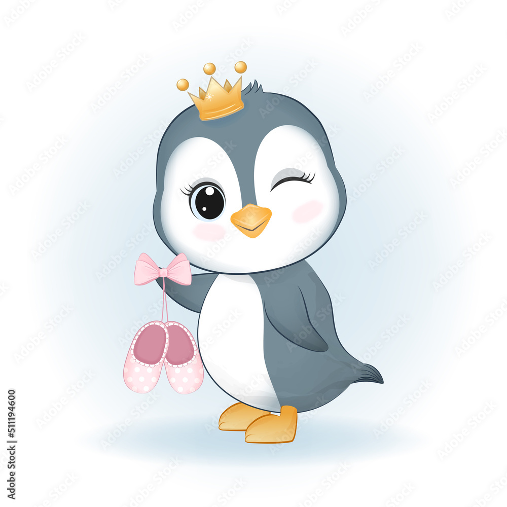 Fototapeta premium Cute little Penguin holding baby shoes