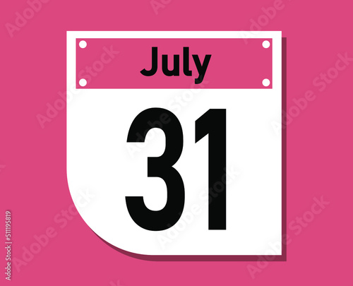 July 31 calendar icon. Banner for july days.