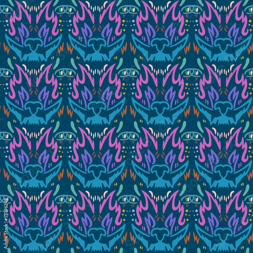 Regular psychedelic pattern with crying wolf heads.