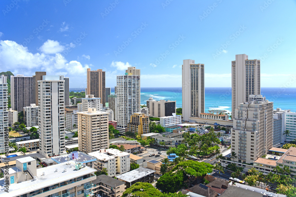 Overlooking Waikiki with surrounding high rises and ocean views