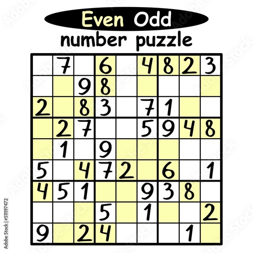 Classical Even-Odd sudoku colorful puzzle for children vector illustration. Funny number puzzle nine by nine with colorful parts for even numbers. Complete puzzle by 1-9 numbers vector