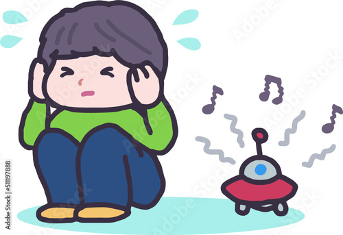 おもちゃの音に耳をふさぐの子供。聴覚過敏、感覚過敏、ASD、自閉症スペクトラム。行動特性、発達障害