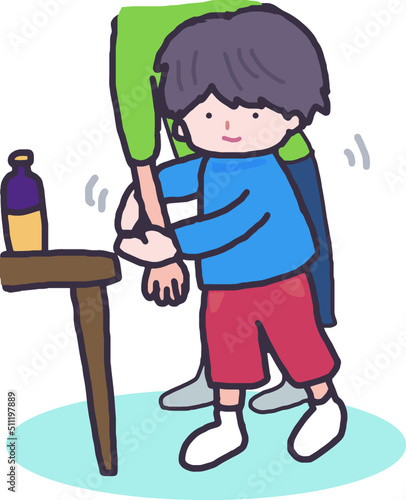 保護者の手を取り要求する子供。クレーン現象。自閉症スペクトラム障害（ASD）、発達障害