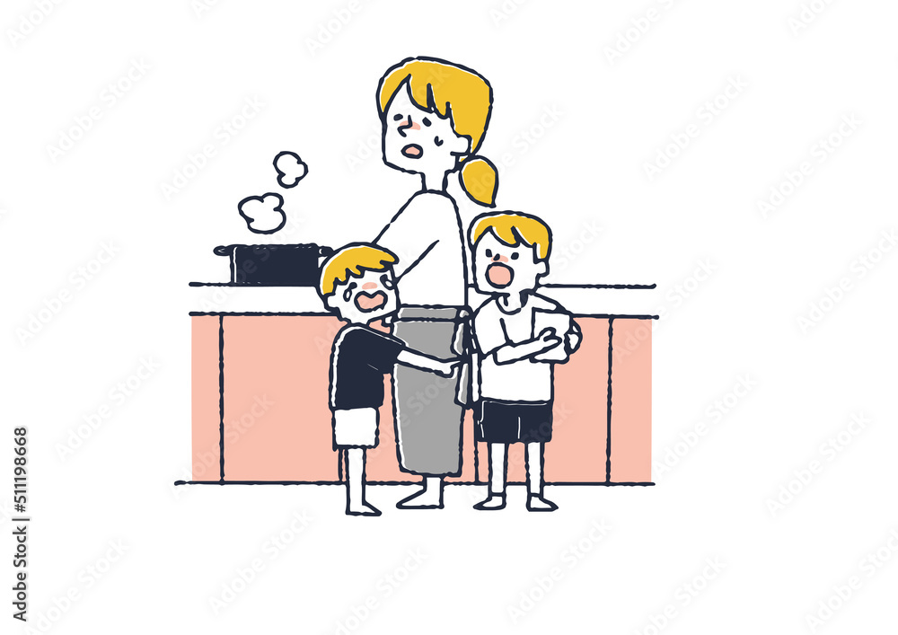 子供達の喧嘩にうんざりする主婦 毎日の家事に追われる女性 子供達の喧嘩にうんざりする主婦 毎日の家事に追われる女性