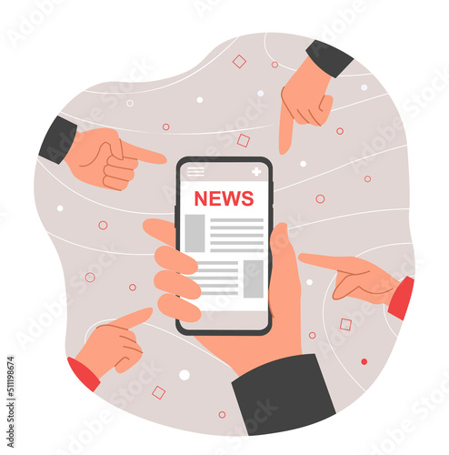 Online news concept. Characters point to screen of smartphone with online website and newspaper, information. Modern technologies and mass media. Gadget and device. Cartoon flat vector illustration
