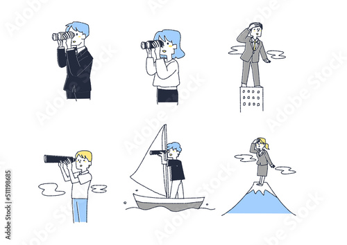 0615アイディアや知識を探し求め将来を見据える人々のセット　コミカルな手書きの人物　ベクター、線画にカラー