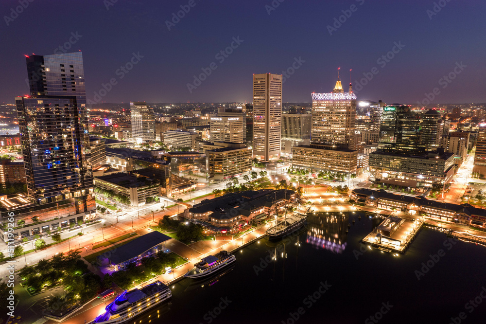 Aerial Drone View of Baltimore City Inner Harbor before Dawn