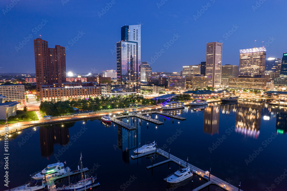Aerial Drone View of Baltimore City Inner Harbor before Dawn